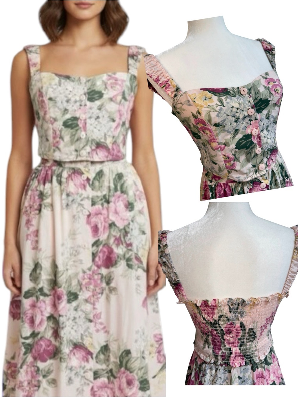 NWOT VTG Sun Dress - Skirt & Crop Top Princess Neck Off-Shoulder, Smocked Back